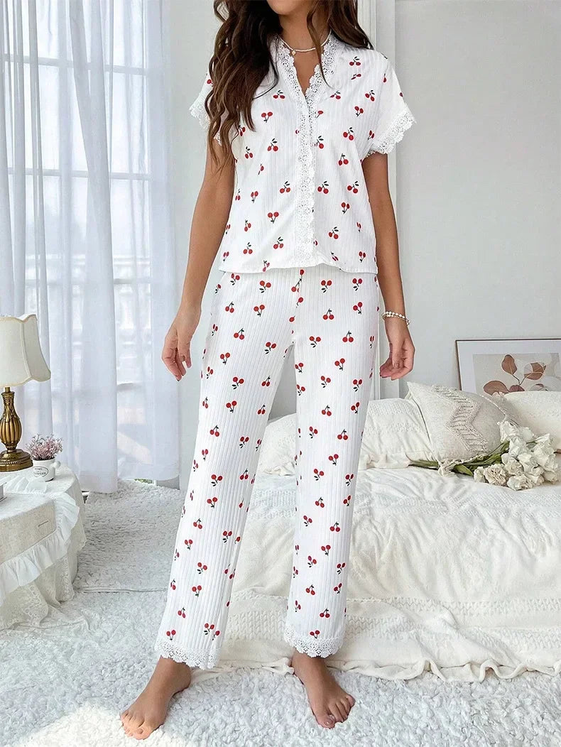 FAYVIOR | Cherry Print Full-Length Nightwear Set