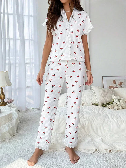 FAYVIOR | Cherry Print Full-Length Nightwear Set