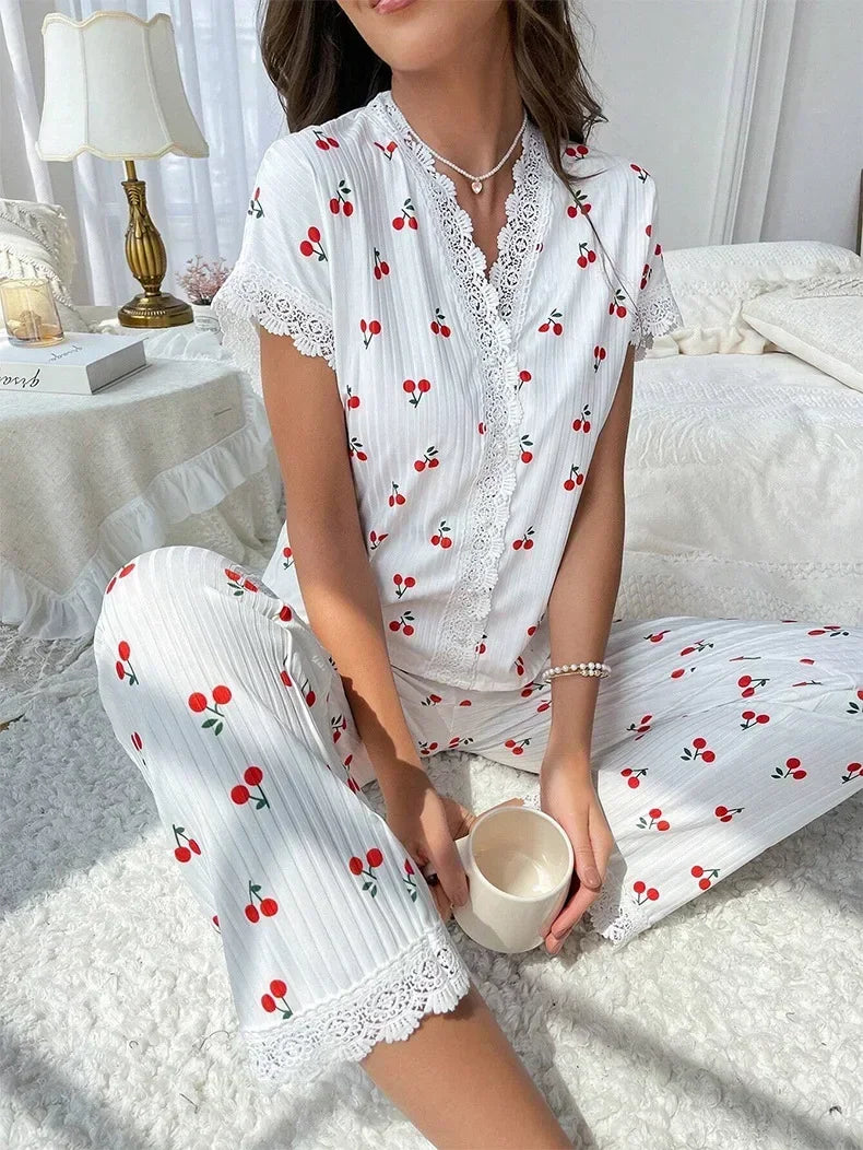 FAYVIOR | Cherry Print Full-Length Nightwear Set