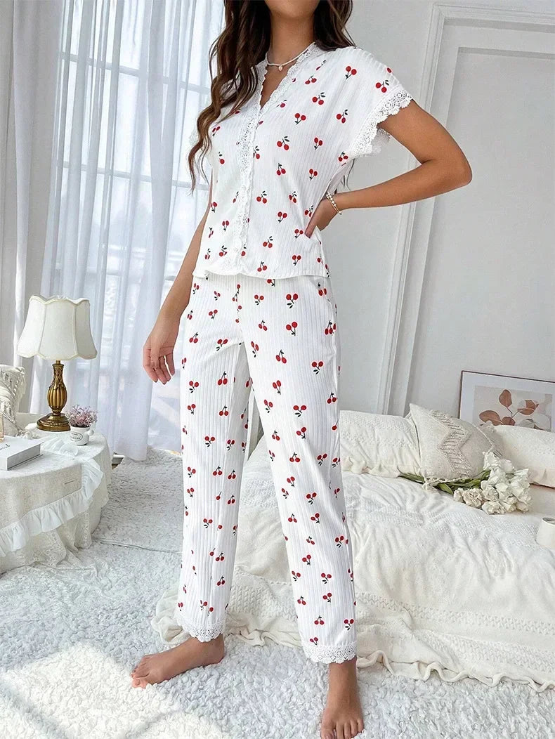 FAYVIOR | Cherry Print Full-Length Nightwear Set