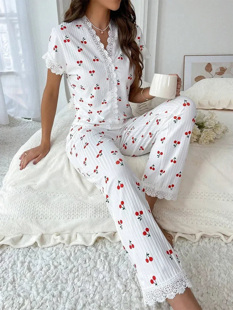 FAYVIOR | Cherry Print Full-Length Nightwear Set